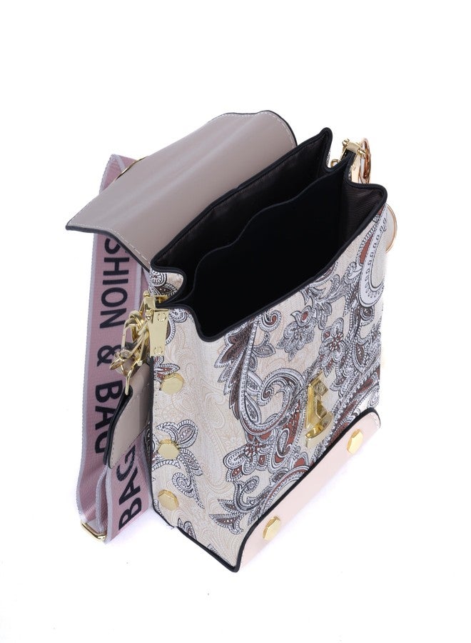 SANTORINI Paisley Mini Luxe Sling Bag for Women | Premium Faux Leather | 2 Compartments | Twist Lock | Bag Charm | Extra Sling Strap (Khaki) - Image 4